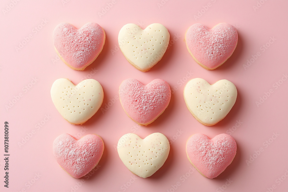 Fototapeta premium Colorful heart-shaped cookies arranged in a playful pattern on a pastel pink background for a delightful dessert display. Generative AI