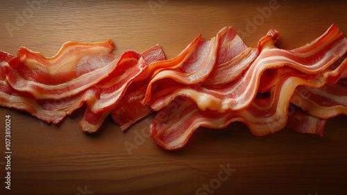 Fresh bacon strips arranged on wooden surface, showcasing their texture and color photo