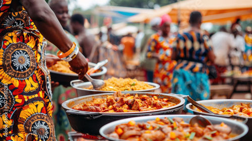 A local vendor dishing out colorful traditional meals at a bustling outdoor market, surrounded by vibrant dresses and lively shoppers.