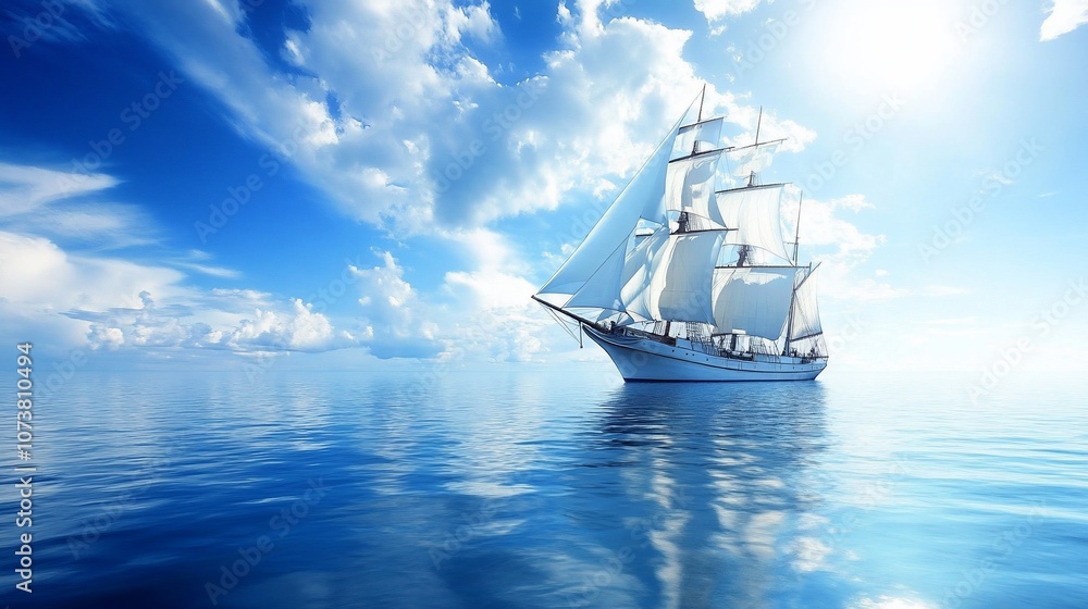 White sailboat sailing on a calm blue sea under a bright sunny sky with white clouds. White sailboat sailing on a calm blue sea under a bright sunny sky with white clouds.
