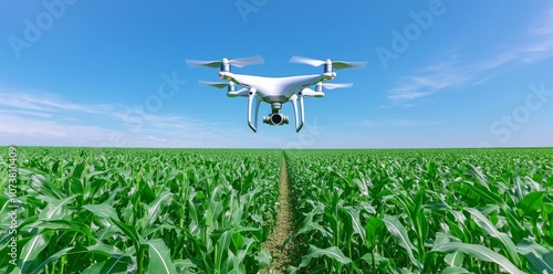 An agricultural field with a bright blue cloudless sky is dotted with vibrant green naive maize seedlings, which thrive on advanced technology, precision irrigation, and drones.