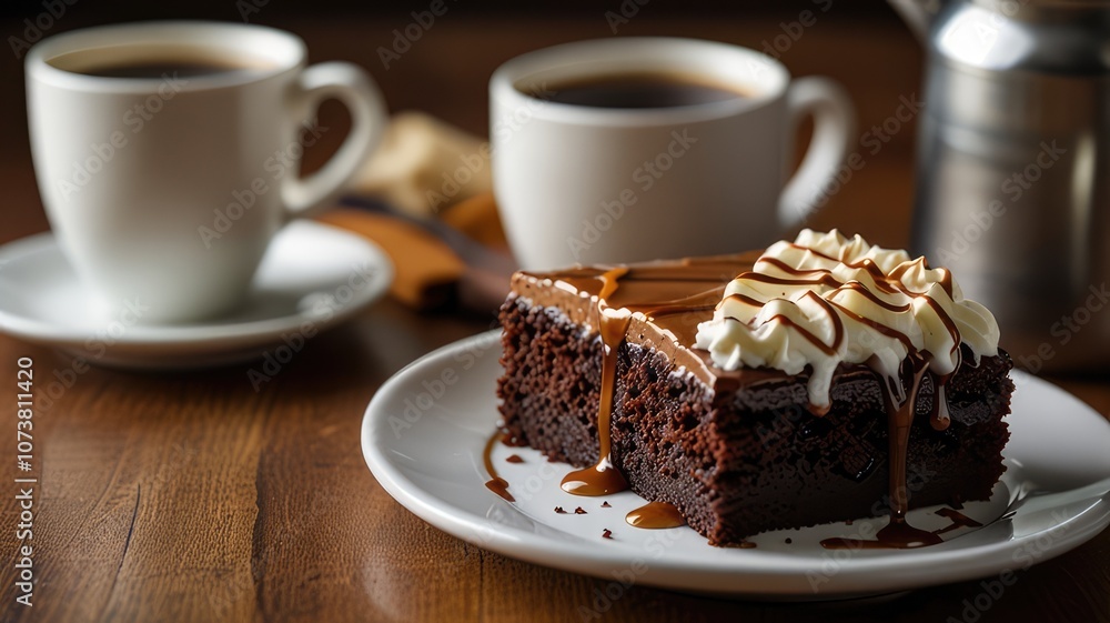A mouth-watering slice of chocolate fudge cake, topped with creamy vanilla frosting and drizzled with rich caramel sauce, served alongside a steaming cup of freshly brewed coffee for the perfect break A mouth-watering slice of chocolate fudge cake, topped with creamy vanilla frosting and drizzled with rich caramel sauce, served alongside a steaming cup of freshly brewed coffee for the perfect break