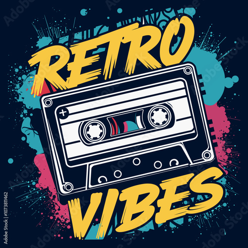 Retro Vibes Cassette Tape Graphic on Colorful Grunge Background - T-Shirt Print Design