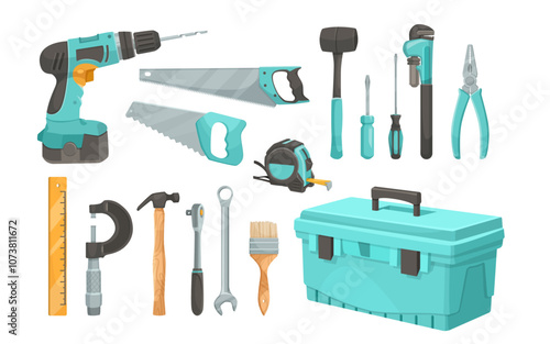 A collection of various tools including a drill, saws, and a toolbox. Vector illustration