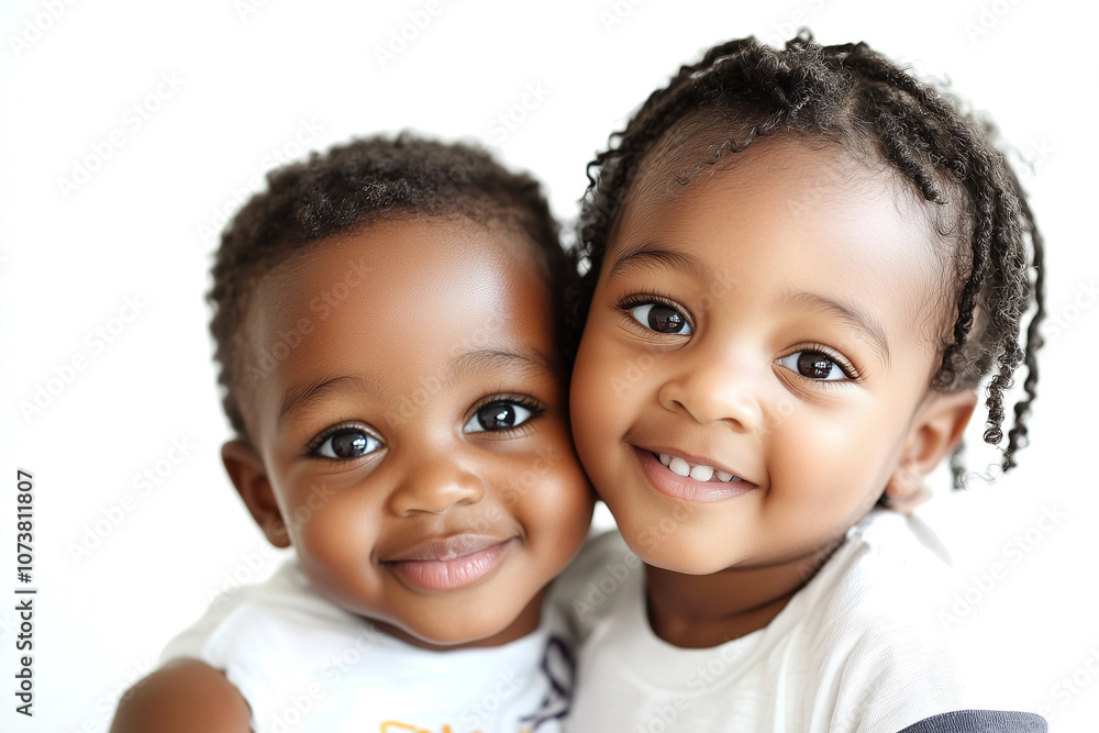 Two joyful children with bright smiles posing closely together against a light background during daytime. Generative AI Two joyful children with bright smiles posing closely together against a light background during daytime. Generative AI