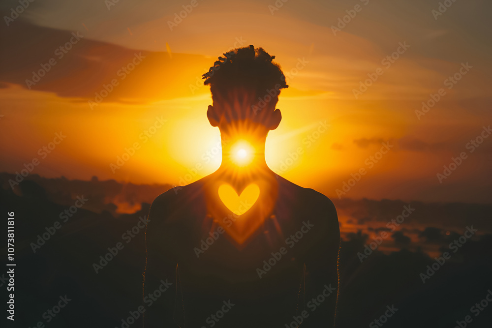 Silhouette of a person with a radiant glow emanating from the heart center, symbolizing spiritual enlightenment Silhouette of a person with a radiant glow emanating from the heart center, symbolizing spiritual enlightenment