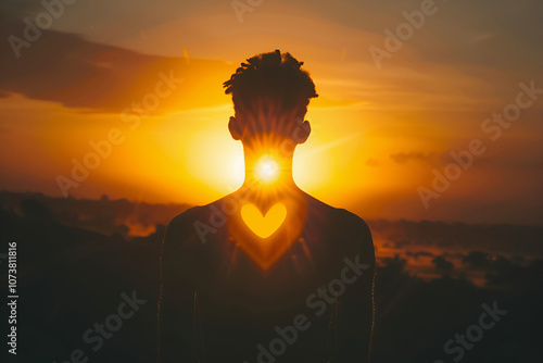 Silhouette of a person with a radiant glow emanating from the heart center, symbolizing spiritual enlightenment