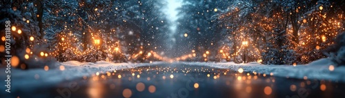 A serene winter landscape featuring a snowy path illuminated by glowing lanterns, surrounded by tall trees and falling snowflakes