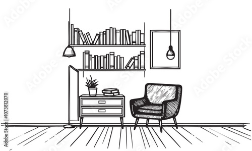 Reading time. Bookshelves and a chair sketch