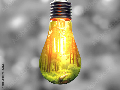 The bulb with abundant forests is inside, the background is gray.