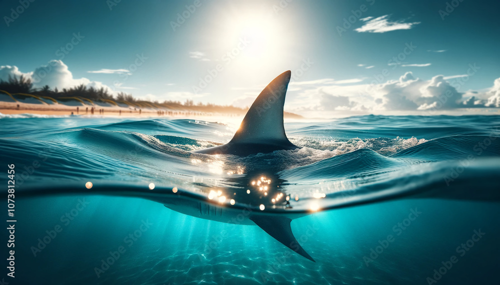 Fototapeta premium The fin of a huge shark on the surface in focus on a sunny day in the ocean near the beach. Danger. Design. Wallpaper. Tourism.