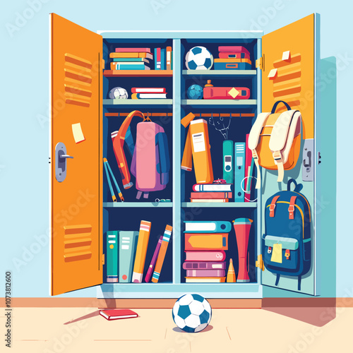 a locker with a soccer ball and other items