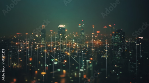 Wallpaper Mural Smart digital Innovation city Business skyscrapers in the Financial District with connection network reciprocity over the cityscape. of future smart wireless digital city and social media networking

 Torontodigital.ca