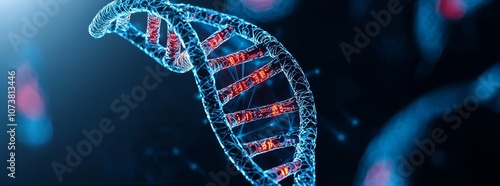 Digital AI has revolutionized genetic research and personalized medicine, with DNA double helix interwoven with digital AI technologies