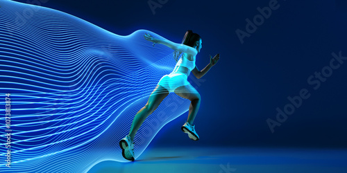 Fototapeta Naklejka Na Ścianę i Meble -  Back view of athletic young woman in white sportswear in motion, running against blue background with abstract futuristic neon wave elements. Concept of sport, competition. Banner, ad. Modern art