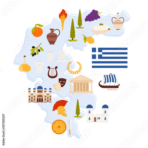 Welcome to Greece, banner design with culture and heritage elements, pin on country map. Ancient warrior armor and sword, temple ruins and buildings, food and cypress tree cartoon vector illustration