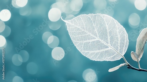 Delicate white skeleton leaf against a soft blue backdrop with circular bokeh An expressive artistic representation of nature s beauty and purity photo