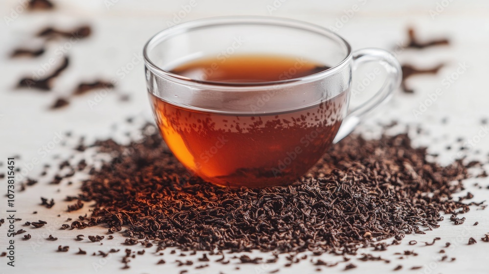 Close up of a glass cup filled with black tea surrounded by loose dry tea leaves on a white surface