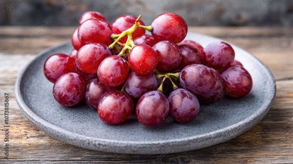 Close up of red grapes arranged on a gray plate atop a wooden table Close up of red grapes arranged on a gray plate atop a wooden table