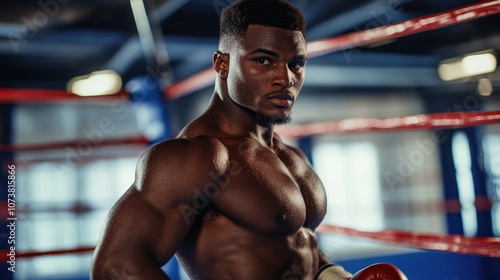 Confident male boxer poised in the ring prepared for competition shows determination and readiness for the fight ahead photo