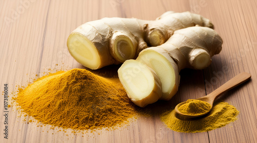 ginger and garlic powder on wooden table 