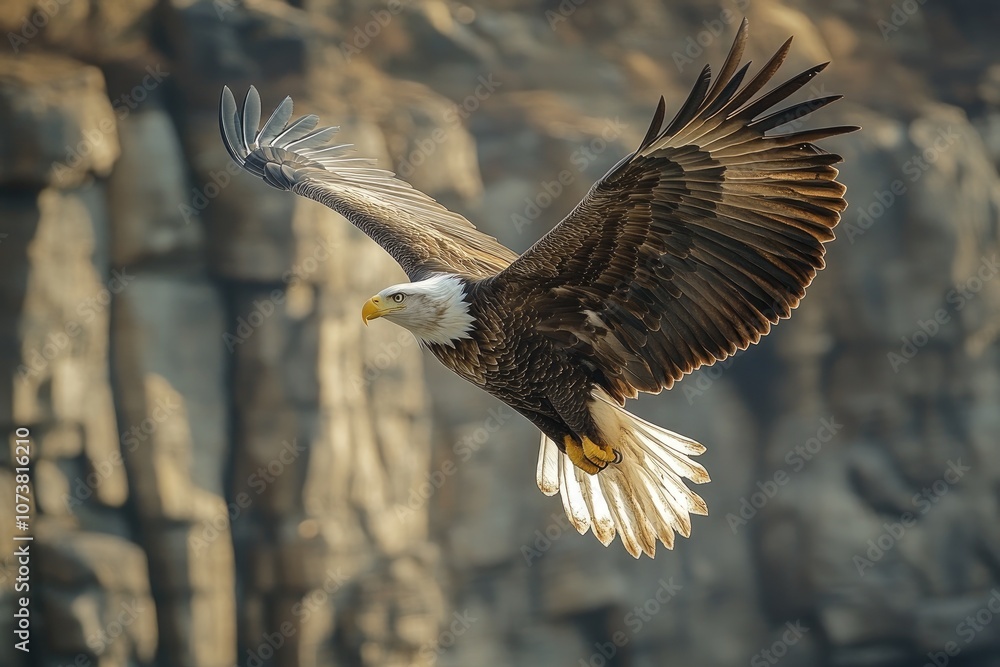 Fototapeta premium Majestic bald eagle soaring over rocky cliffs in flight