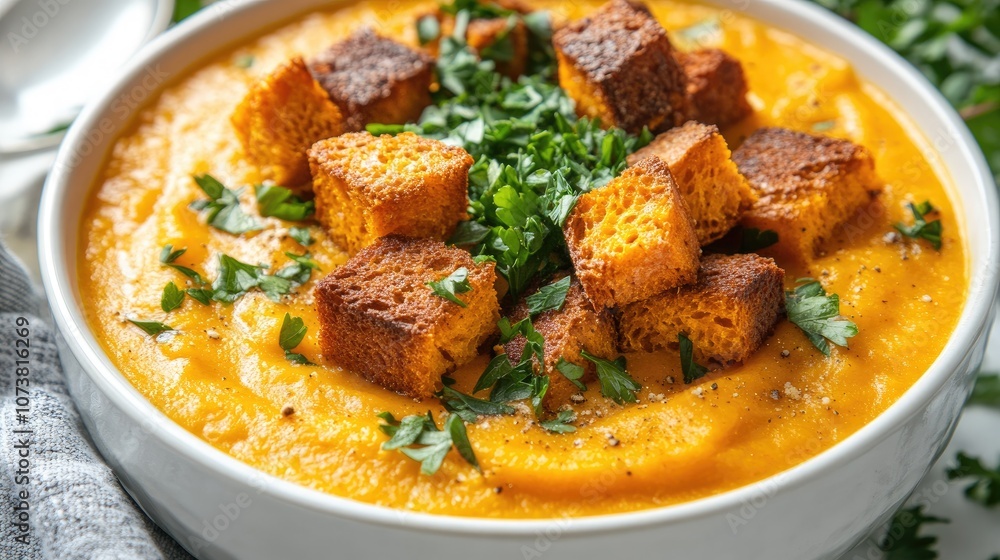 Creamy sweet potato soup topped with croutons and garnished with parsley in a white bowl Creamy sweet potato soup topped with croutons and garnished with parsley in a white bowl