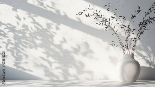 Delicate leaf shadows play on a white wall evoking a serene and minimalist atmosphere photo