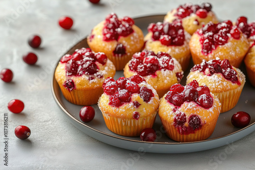 Delicious homemade cranberry muffins served on a gray plate with fresh cranberries scattered around during a festive gathering. Generative AI