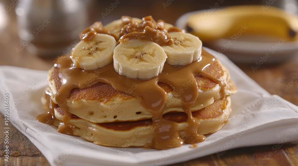 Delicious pancakes topped with peanut butter and bananas served on a white napkin perfect for breakfast brunch or lunch Delicious pancakes topped with peanut butter and bananas served on a white napkin perfect for breakfast brunch or lunch