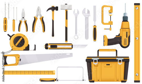 A collection of various tools and instruments on a white background. Vector illustration