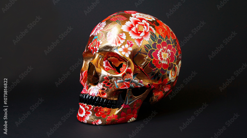 A decorative skull embellished with intricate red and gold floral designs, set against a black background, blending elegance and bold artistic style A decorative skull embellished with intricate red and gold floral designs, set against a black background, blending elegance and bold artistic style