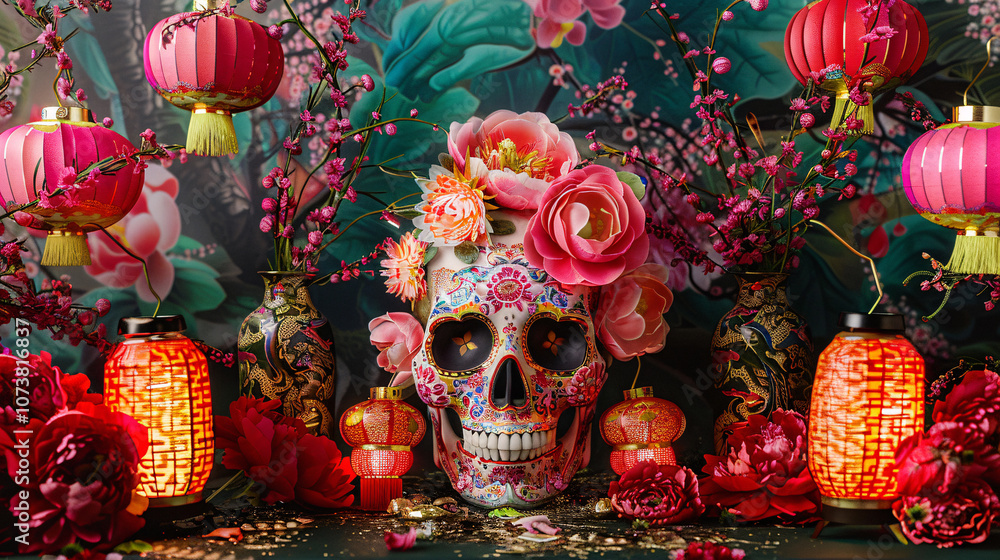A vibrant floral-patterned skull surrounded by red lanterns, vases, and pink blossoms, creating a festive, multicultural decorative scene with rich details A vibrant floral-patterned skull surrounded by red lanterns, vases, and pink blossoms, creating a festive, multicultural decorative scene with rich details