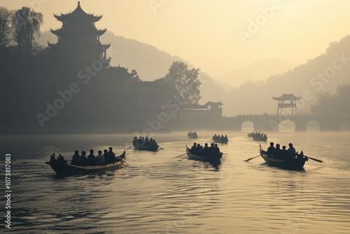 Tourists rowing on traditional boats in fenghuang ancient town at sunrise
