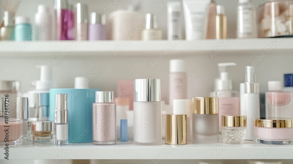 Cosmetics displayed on a clean white bathroom shelf Cosmetics displayed on a clean white bathroom shelf