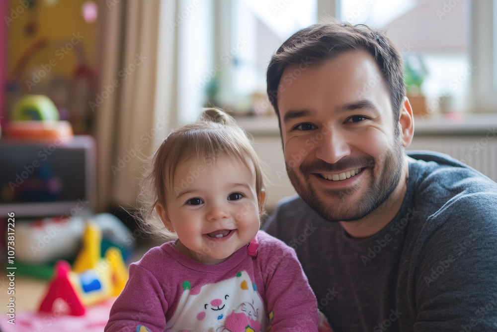 A joyful father and his smiling toddler share a warm moment in a cozy, brightly lit living room filled with toys. Generative AI A joyful father and his smiling toddler share a warm moment in a cozy, brightly lit living room filled with toys. Generative AI