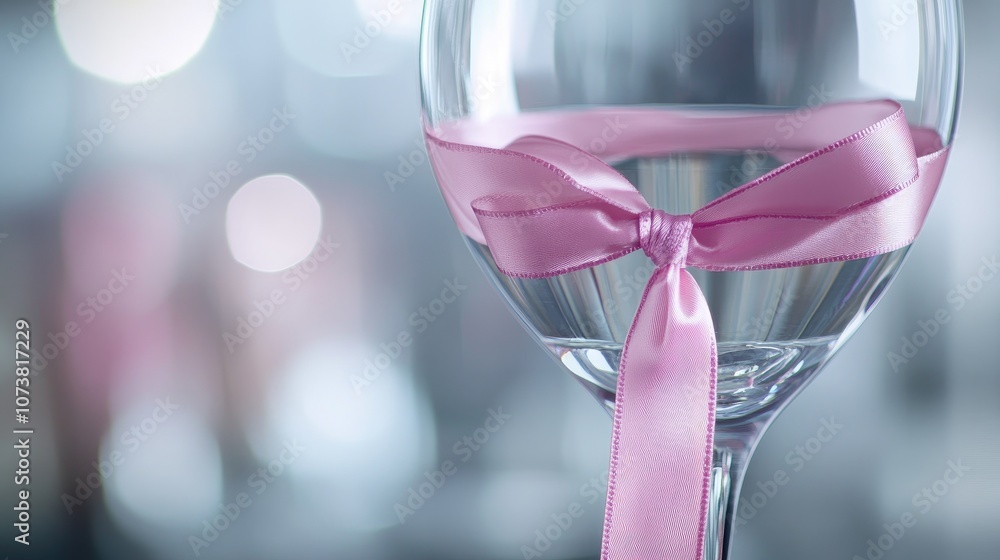 Close up of a pink ribbon adorns an empty Champagne coupe Close up of a pink ribbon adorns an empty Champagne coupe