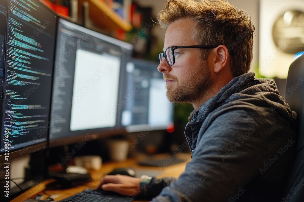 Focused software developer working on code on computer in office at night Focused software developer working on code on computer in office at night