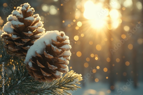 Pine cones covered with snow during golden hour in winter forest photo