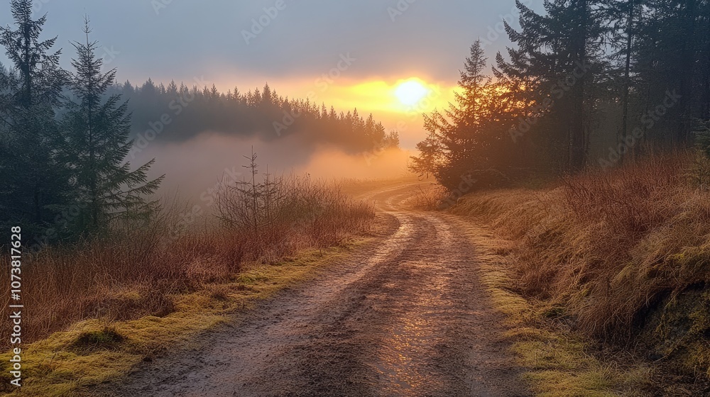 Winding dirt road leading into misty forest at golden hour sunrise Winding dirt road leading into misty forest at golden hour sunrise