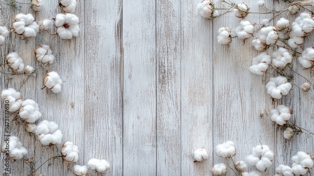 Delicate white cotton blooms displayed on a weathered wooden surface viewed from above in a flat lay arrangement Delicate white cotton blooms displayed on a weathered wooden surface viewed from above in a flat lay arrangement
