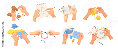 Different hands performing various crafting activities on a white background. Vector illustration