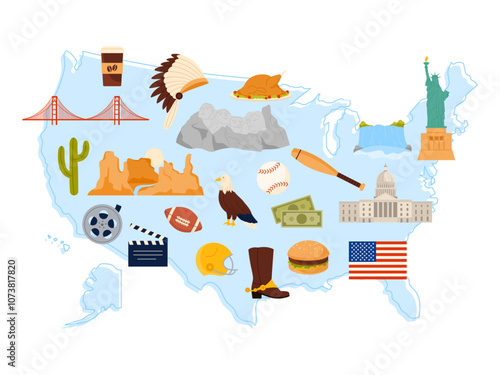 Travel to USA, infographic poster design with culture elements, architecture and nature landmarks on map. Nature and food, famous buildings of United States of America cartoon vector illustration