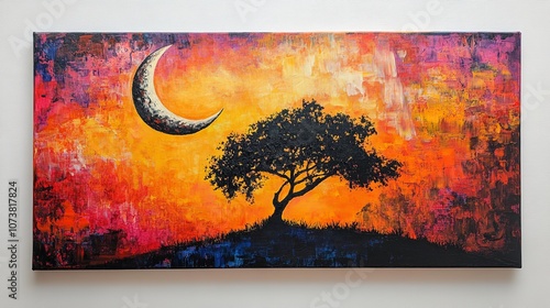 Acrylic Painting of a Tree with a Moon and Sun on the Left Side

 photo