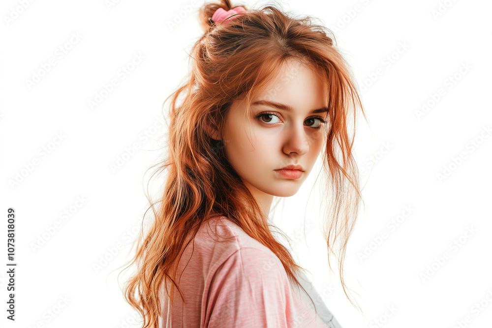 A young woman with wavy, reddish-brown hair gazes thoughtfully at the camera A young woman with wavy, reddish-brown hair gazes thoughtfully at the camera