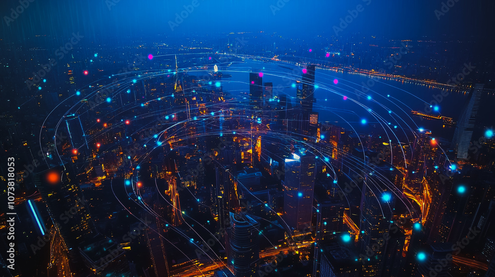 mart digital Innovation city Business skyscrapers in the Financial District with connection network reciprocity over the cityscape. of future smart wireless digital city and social media networking mart digital Innovation city Business skyscrapers in the Financial District with connection network reciprocity over the cityscape. of future smart wireless digital city and social media networking