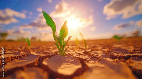 Close up of parched cracked soil with limited plant life in a drought affected region showcasing the disruption of ecosystems and unusual natural occurrences photo