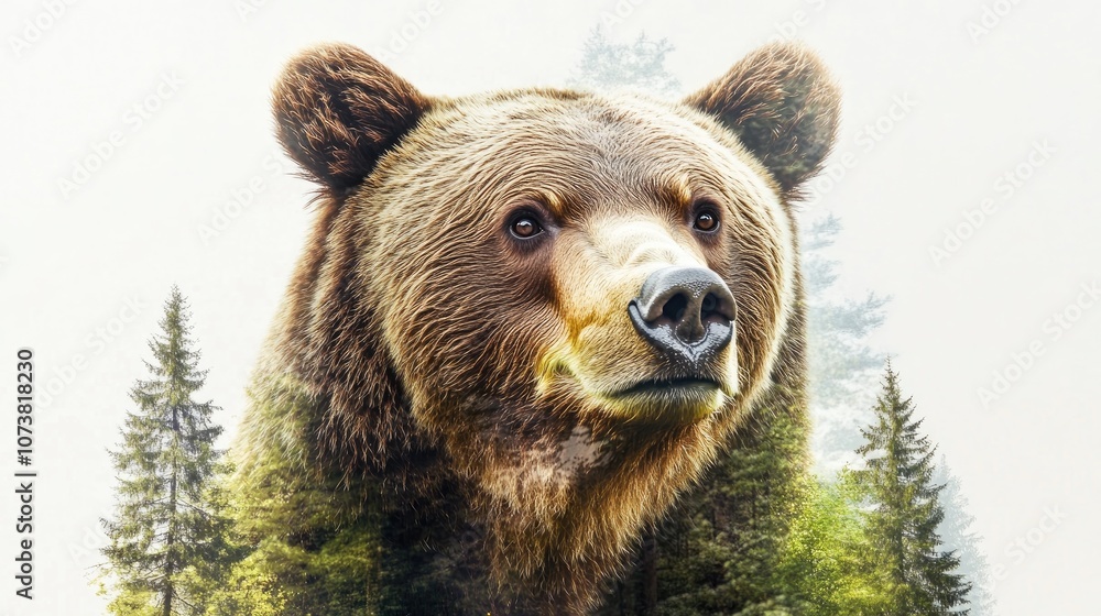 Obraz premium Double exposure image combining a brown bear with a forest highlighting the message of environmental conservation