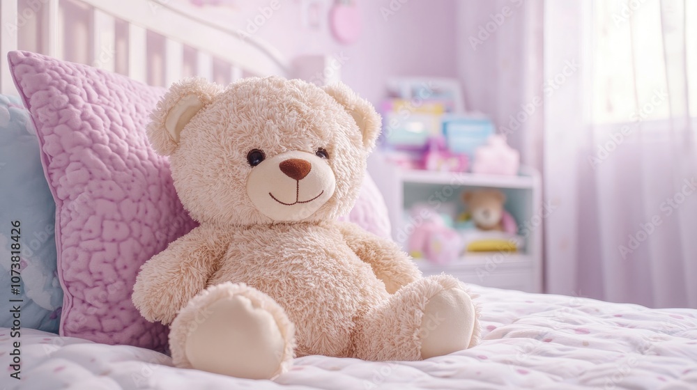 Cute plush teddy bear in a pastel nursery embodying a soft toy childhood theme and evoking feelings of joy and happiness Cute plush teddy bear in a pastel nursery embodying a soft toy childhood theme and evoking feelings of joy and happiness