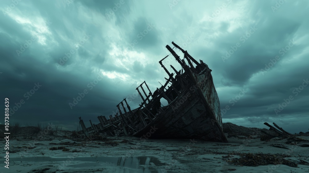 Eerie Shipwreck on Desolate Beach with Stormy Skies - Ultra-Detailed Nautical Scene of Abandoned Vessel Decay and Atmospheric Drama Eerie Shipwreck on Desolate Beach with Stormy Skies - Ultra-Detailed Nautical Scene of Abandoned Vessel Decay and Atmospheric Drama